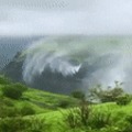 A waterfall confused in the wind